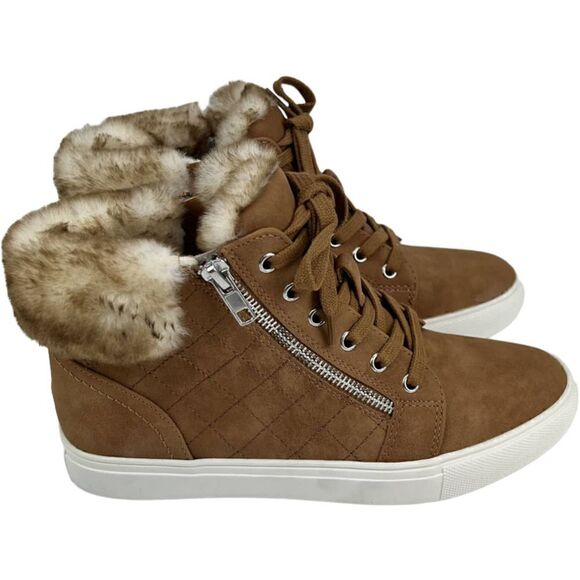 New Report Women US 7.5 Brown Shoes Fur High Top Sneakers Lace Up Zip Booties - Picture 4 of 11